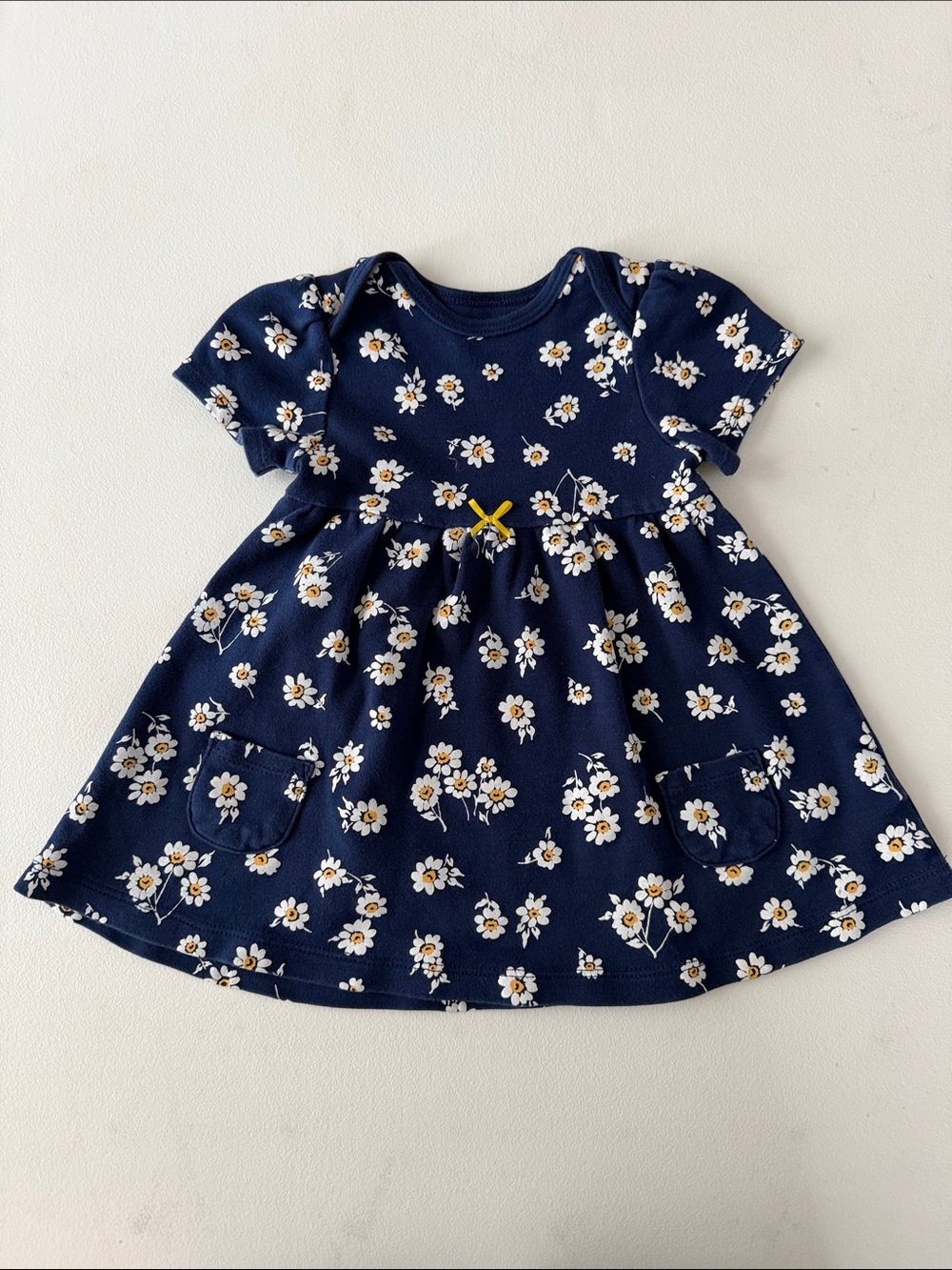 Little Me Navy Daisy Knit Dress with Yellow Bow
